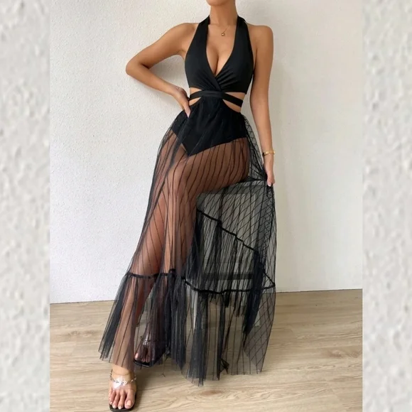 TIE BACKLESS MESH OVERLAY RUFFLE HEM HALTER DRESS WITH BODY SUIT - Picture 7 of 10